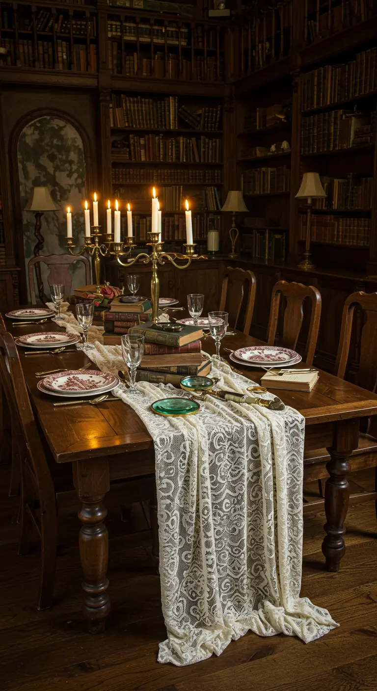 Dinner table in a library with a centerpiece of stacked antique books.