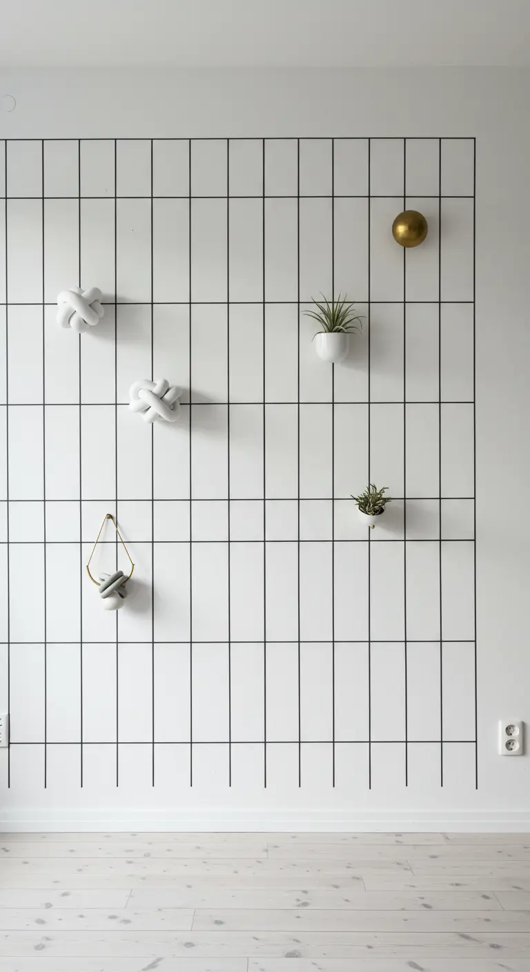 A black tape grid on a white wall holds small white sculptural objects and a mini planter.