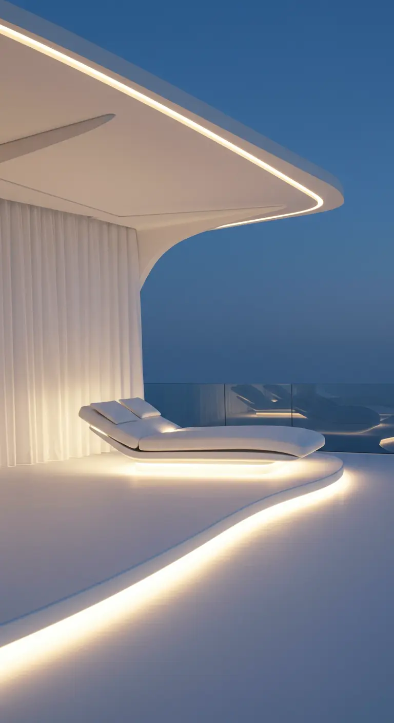 A futuristic white terrace with a curved, illuminated platform and a modern chaise lounge.