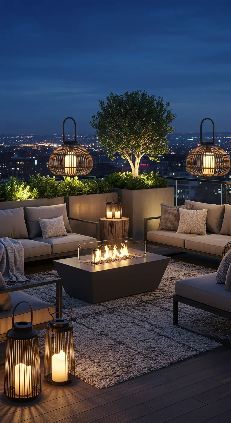 A luxurious rooftop terrace at night with a modern fire pit, plush grey rug, and large floor lanterns.