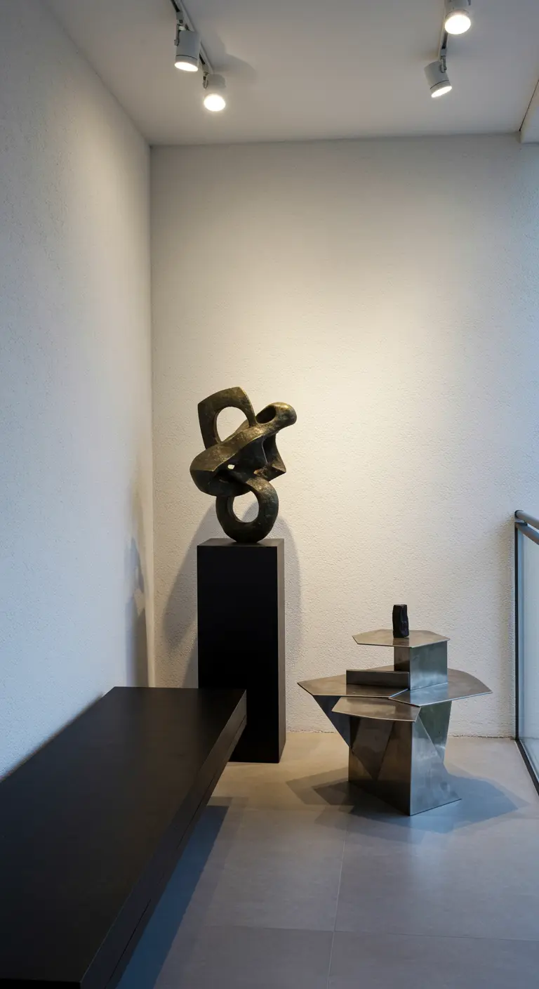 A minimalist space with a black bench, a sculpture, and a geometric table.