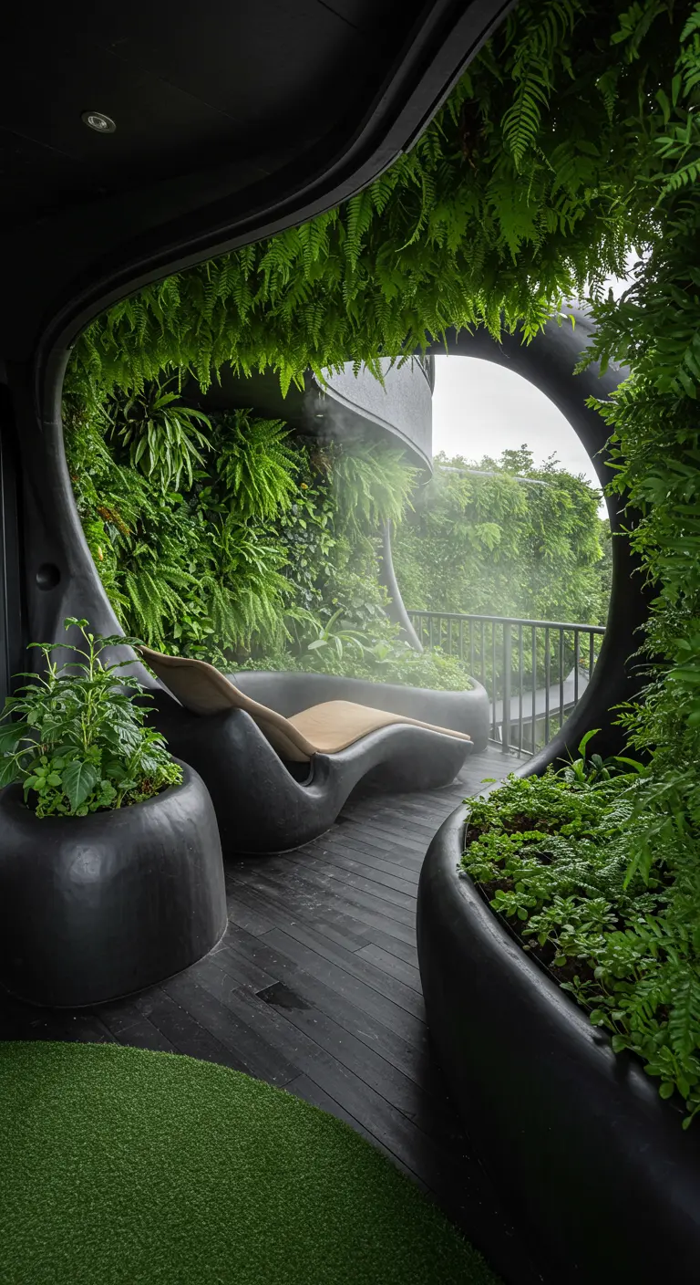 A futuristic balcony with curved, sculptural black planters and a matching chaise lounge.