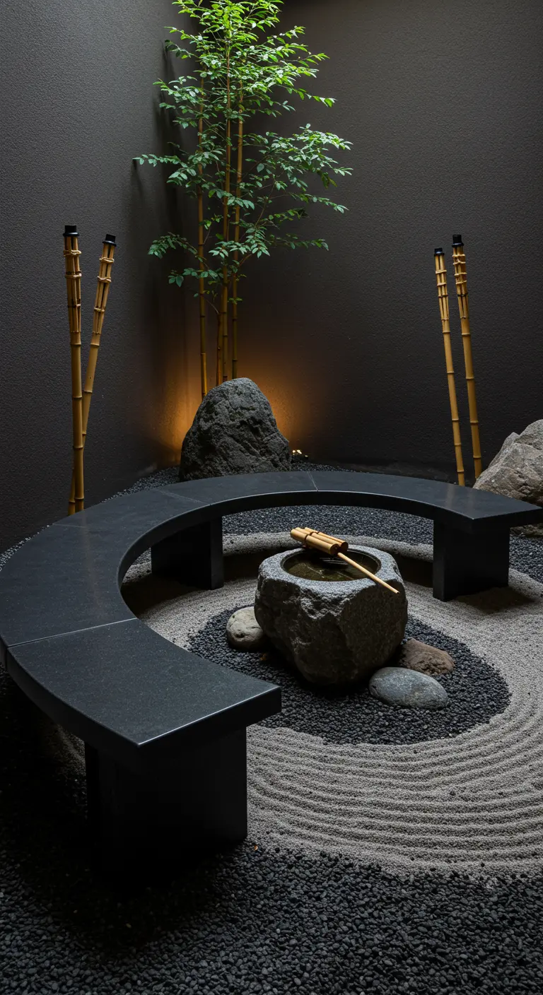 A minimalist Zen garden with a curved black bench, two-tone sand, and a single small tree.