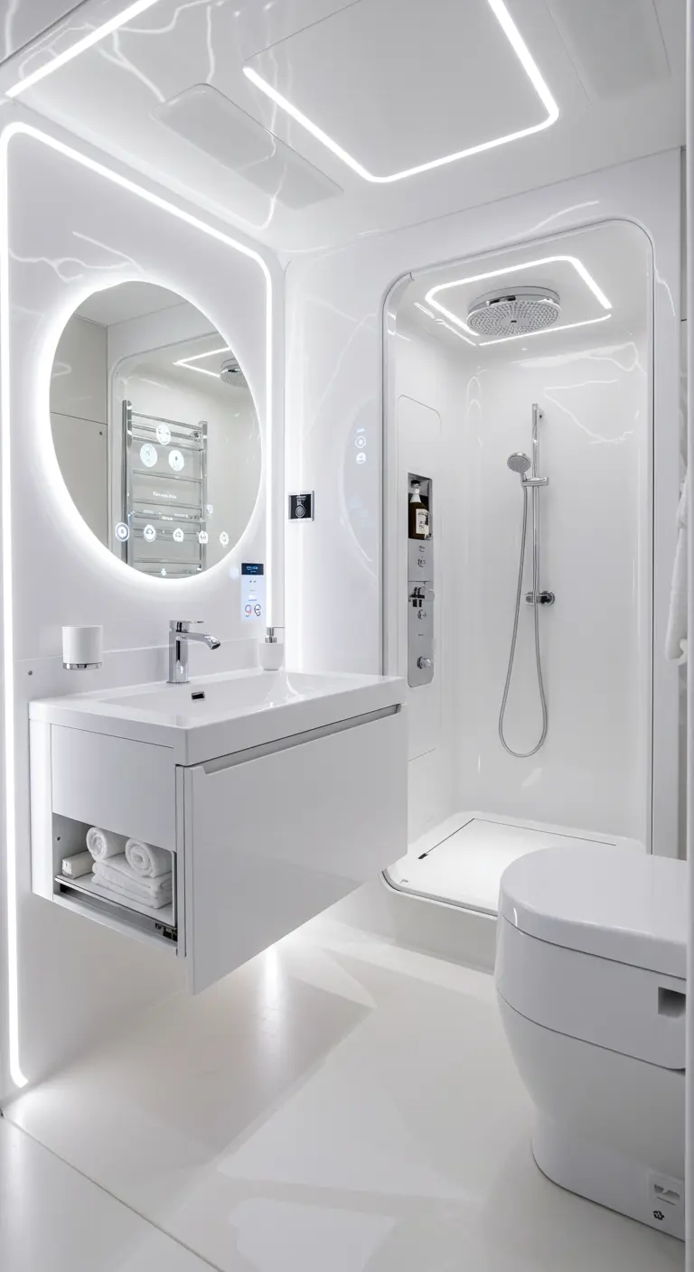 All-white futuristic bathroom pod with integrated LED lighting.