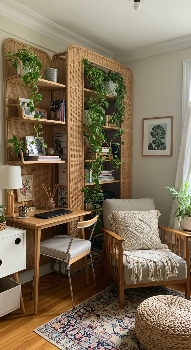 A desk integrated into a large rattan shelving unit filled with books and cascading plants.