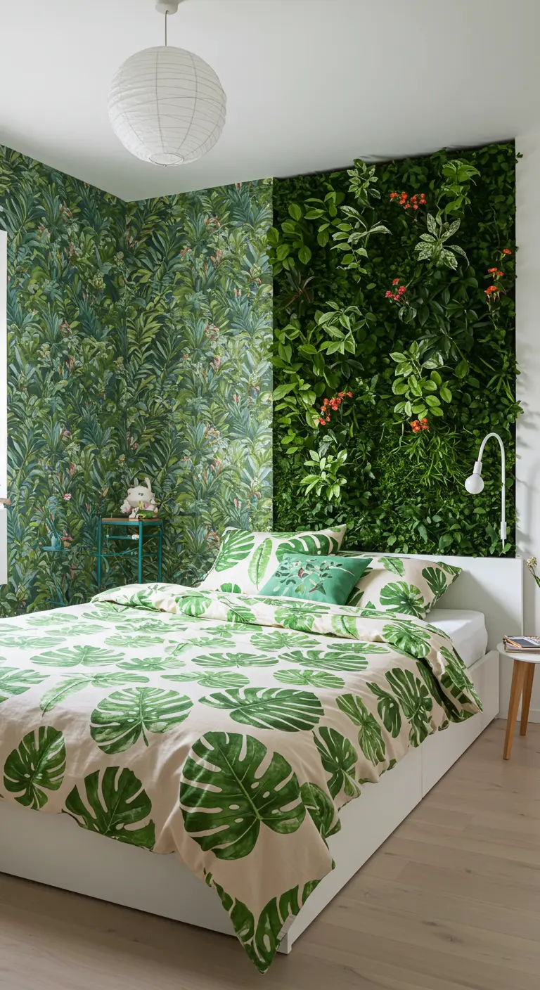 A bedroom corner where a living plant wall meets a botanical print wallpaper.