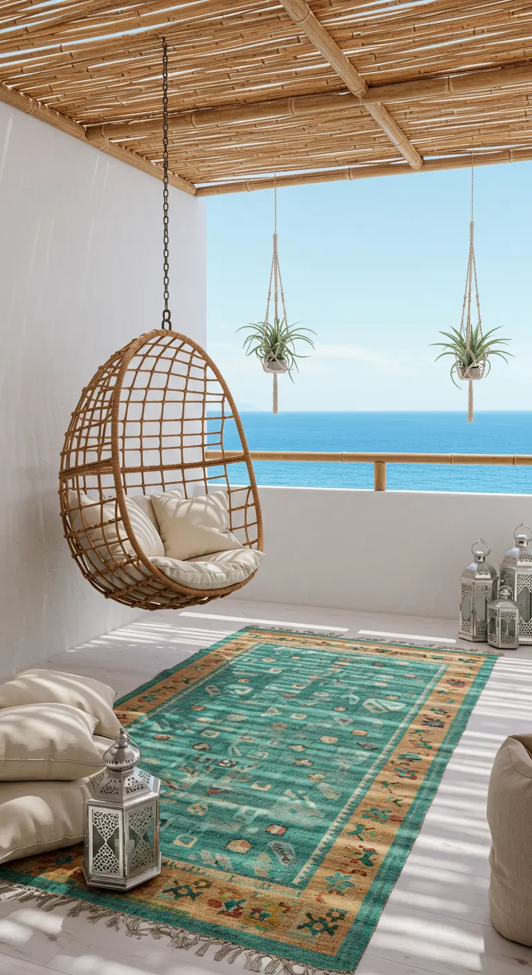 A rattan egg chair hangs on a balcony with a turquoise rug overlooking the ocean.