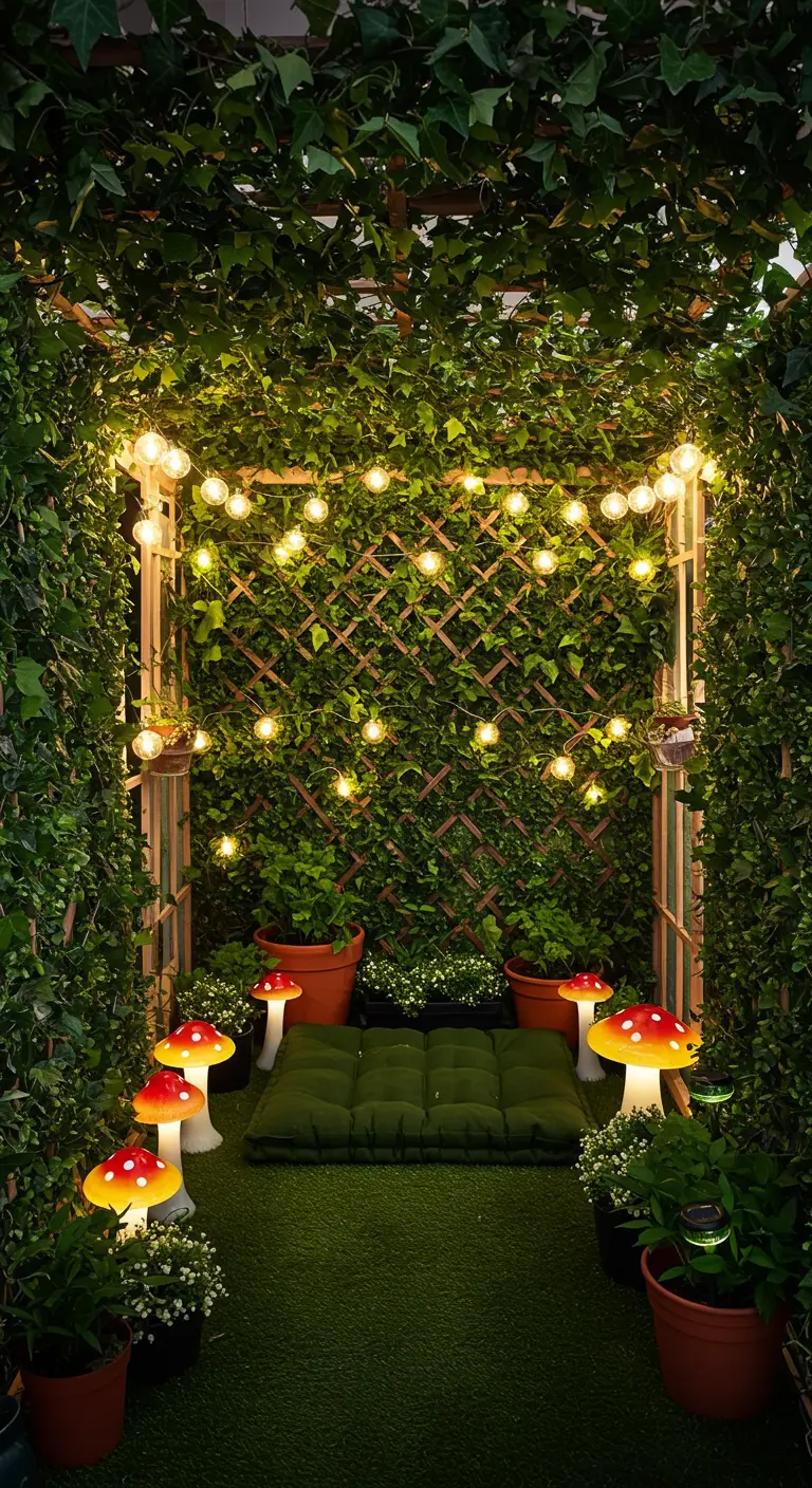 A balcony transformed into a green ivy tunnel with string lights and mushroom lamps.