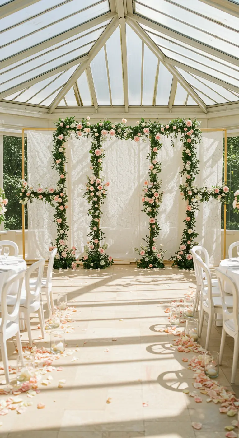 A gold arch covered in roses and greenery, with a lace panel behind it in a sunlit conservatory.