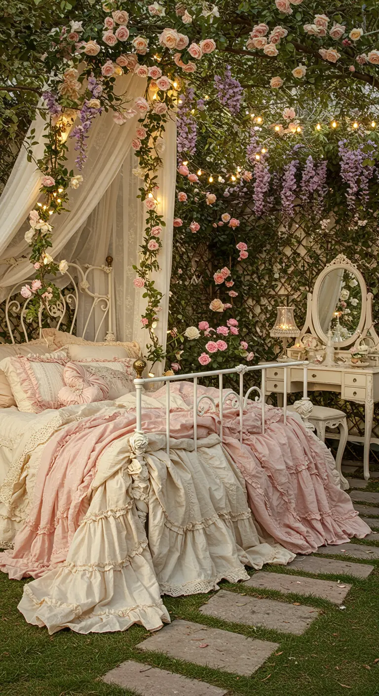 White iron bed in a garden with pink roses and sheer canopy.