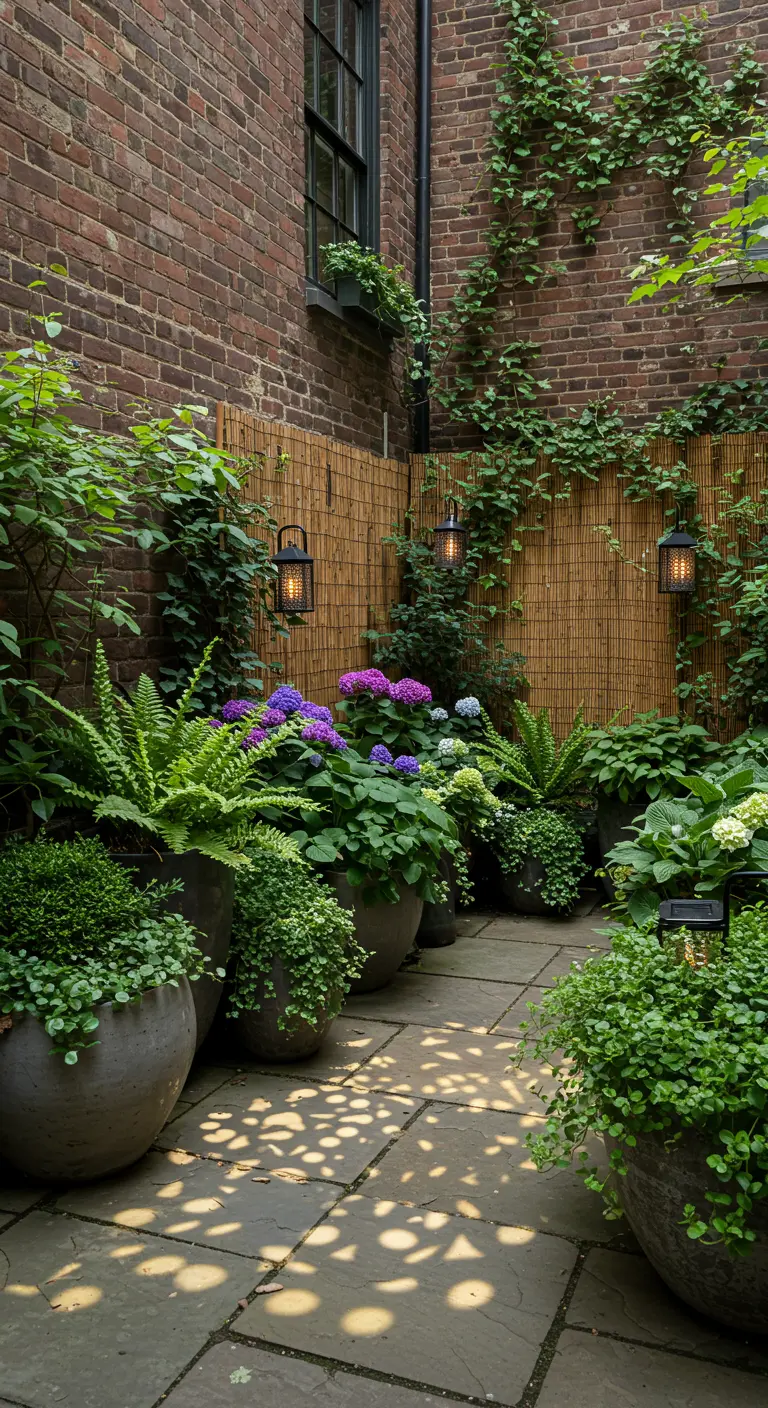 Shaded brick patio filled with lush green plants in large round stone planters