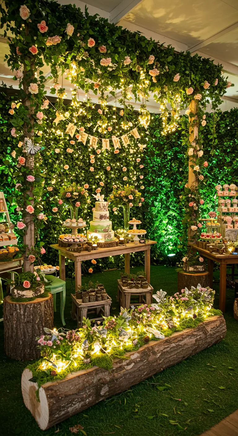 A dessert table set against a lush wall of greenery, roses, and fairy lights.