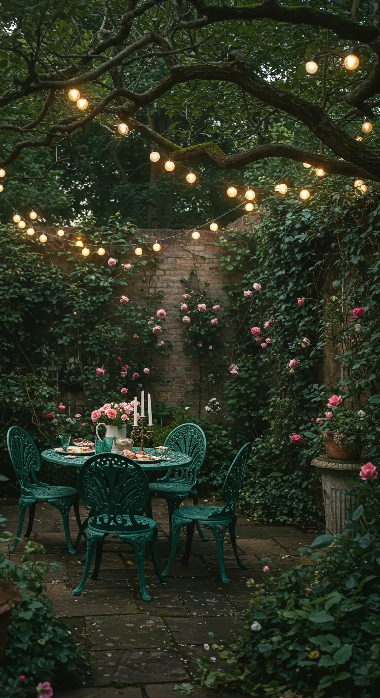 A secret garden patio with a green iron dining set surrounded by climbing roses.