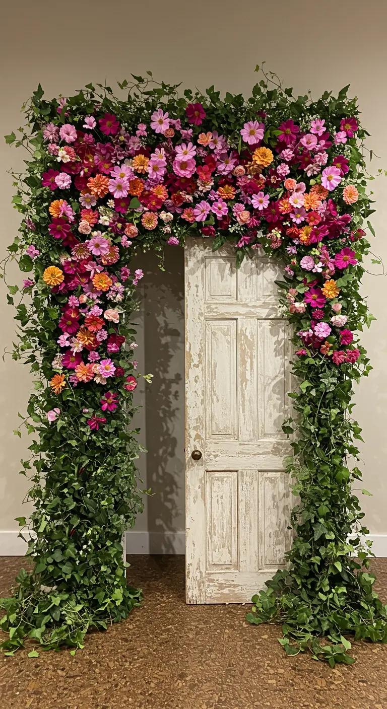 Vintage white door framed by a vibrant floral and ivy archway.