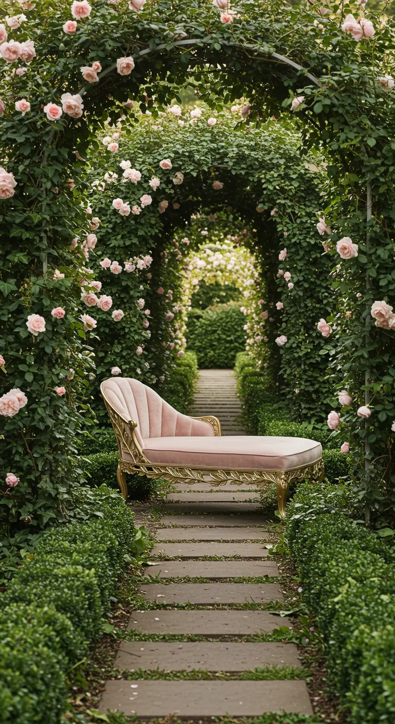 A single pink velvet chaise with a gold frame sits under a lush rose archway.