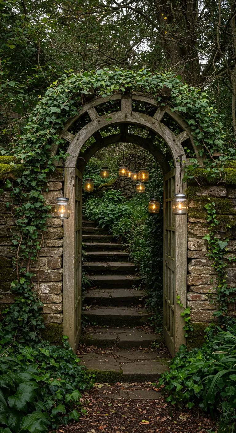 An ancient stone archway covered in ivy, with a cluster of hanging solar jars.