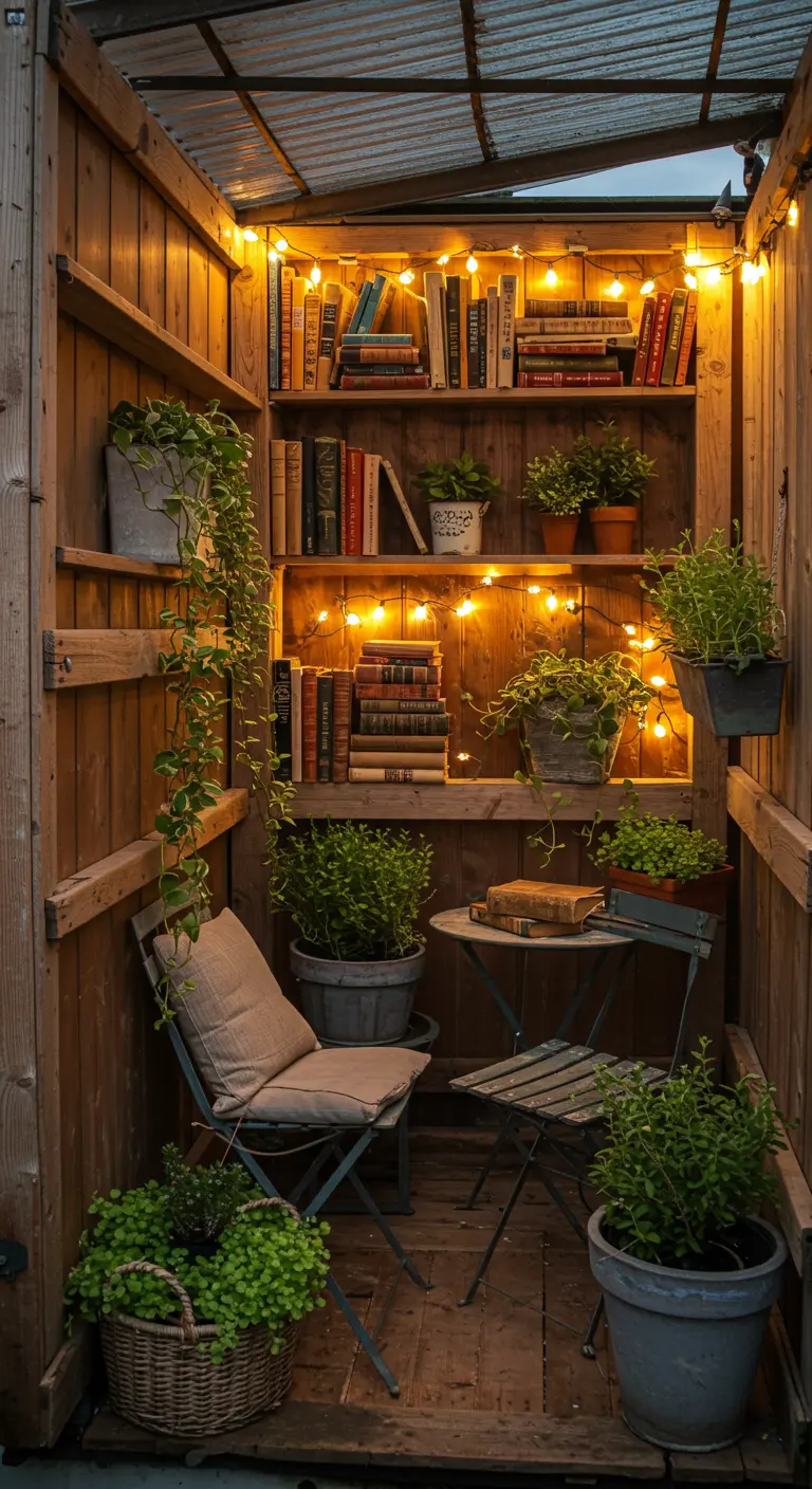 A narrow, wood-paneled balcony transformed into a cozy library with shelves of books and plants.