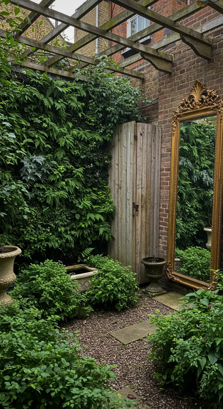 An ornate, gold-framed mirror leaning against a brick wall in a lush, overgrown garden.