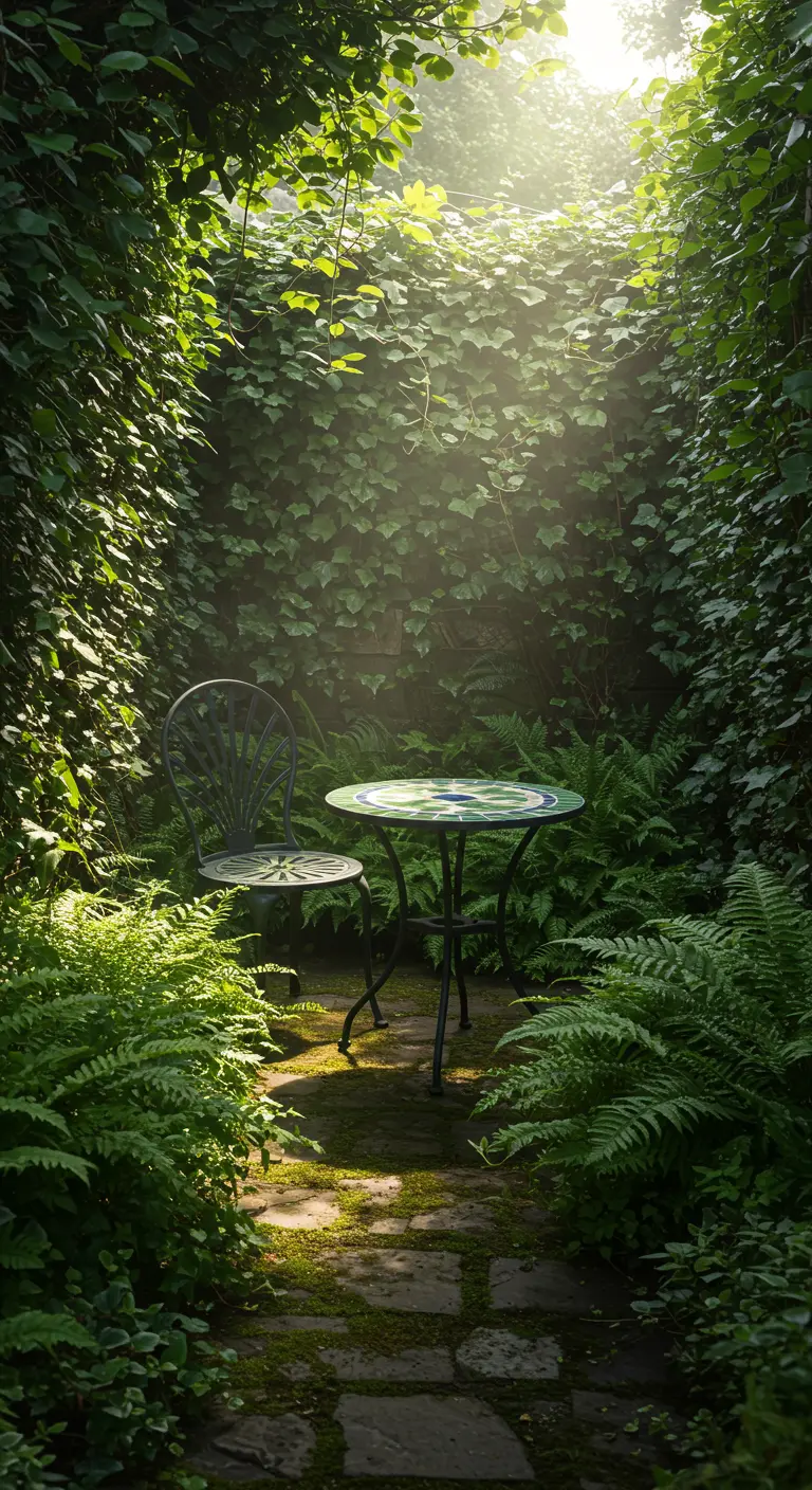 A dark metal bistro set in a secluded garden corner surrounded by ivy and ferns.