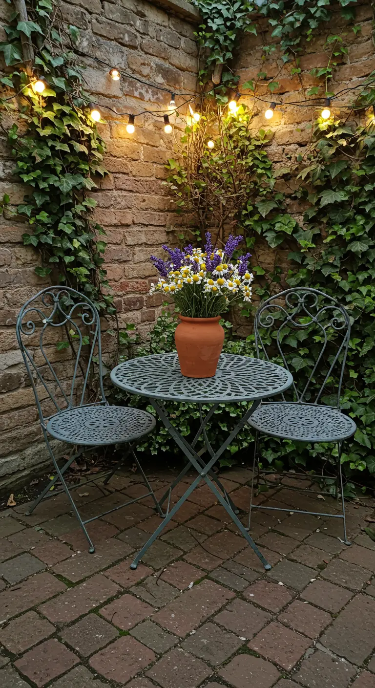 A quaint bistro set with a vase of wildflowers against an ivy-covered brick wall.