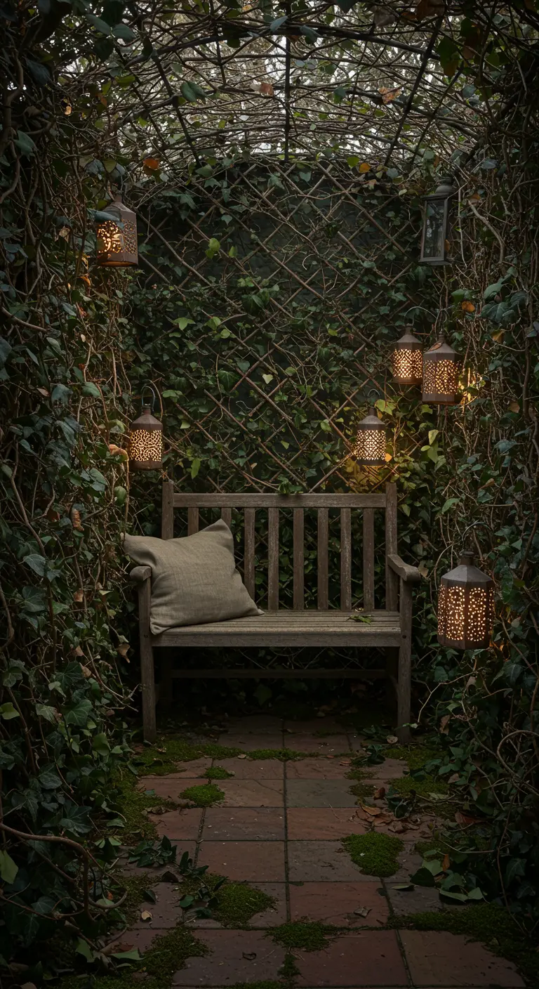 A secluded garden bench under an ivy-covered trellis archway lit by small lanterns.