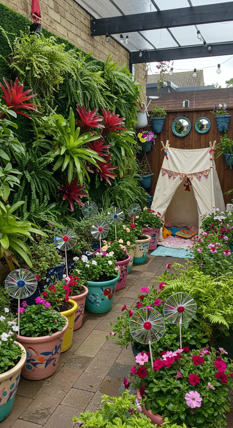 A whimsical children's corner in a garden with a teepee, colorful planters, and a living wall.
