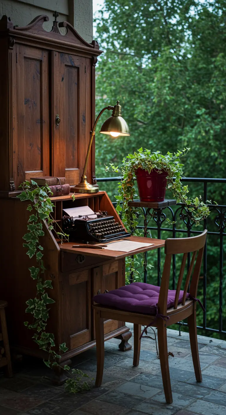 A vintage secretary desk used as an outdoor study, with a purple cushion and trailing ivy.