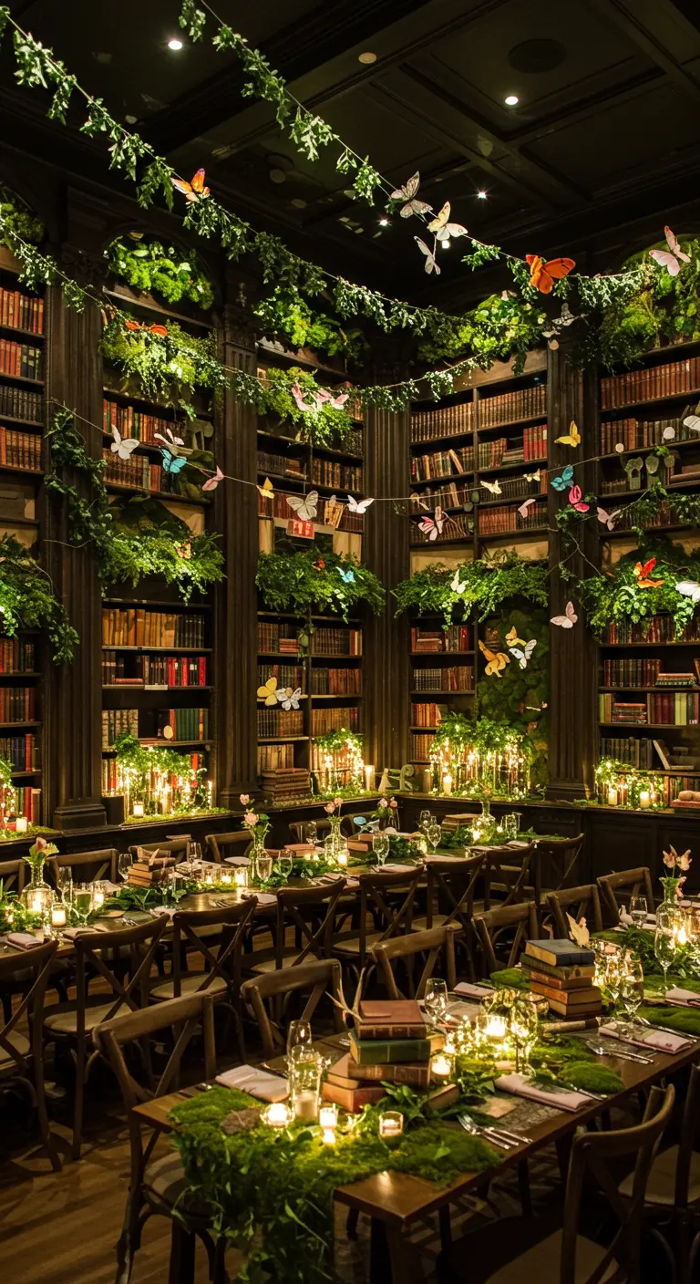 A library-themed party with tables set amongst bookshelves draped in greenery.