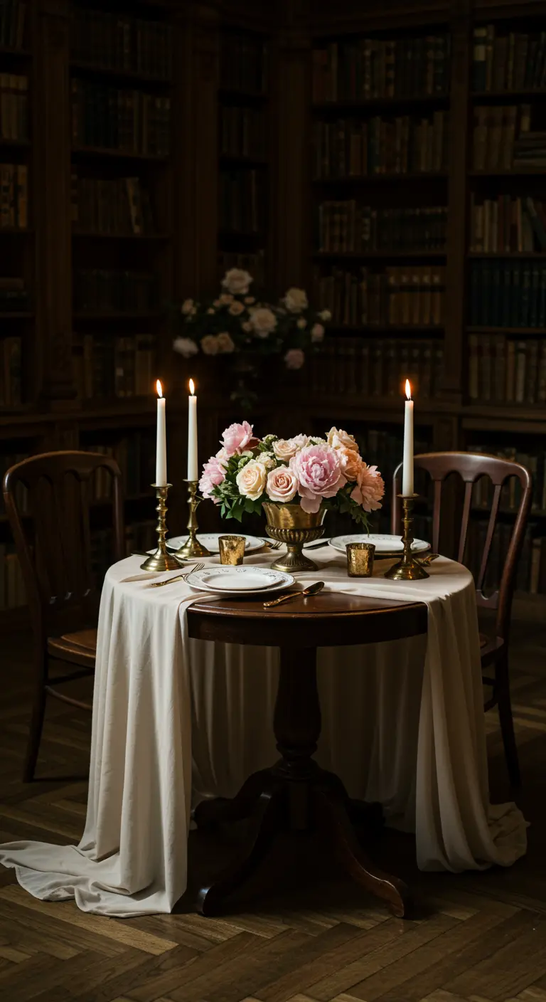 Intimate candlelit dinner for two in a dark, moody library with books in the background.
