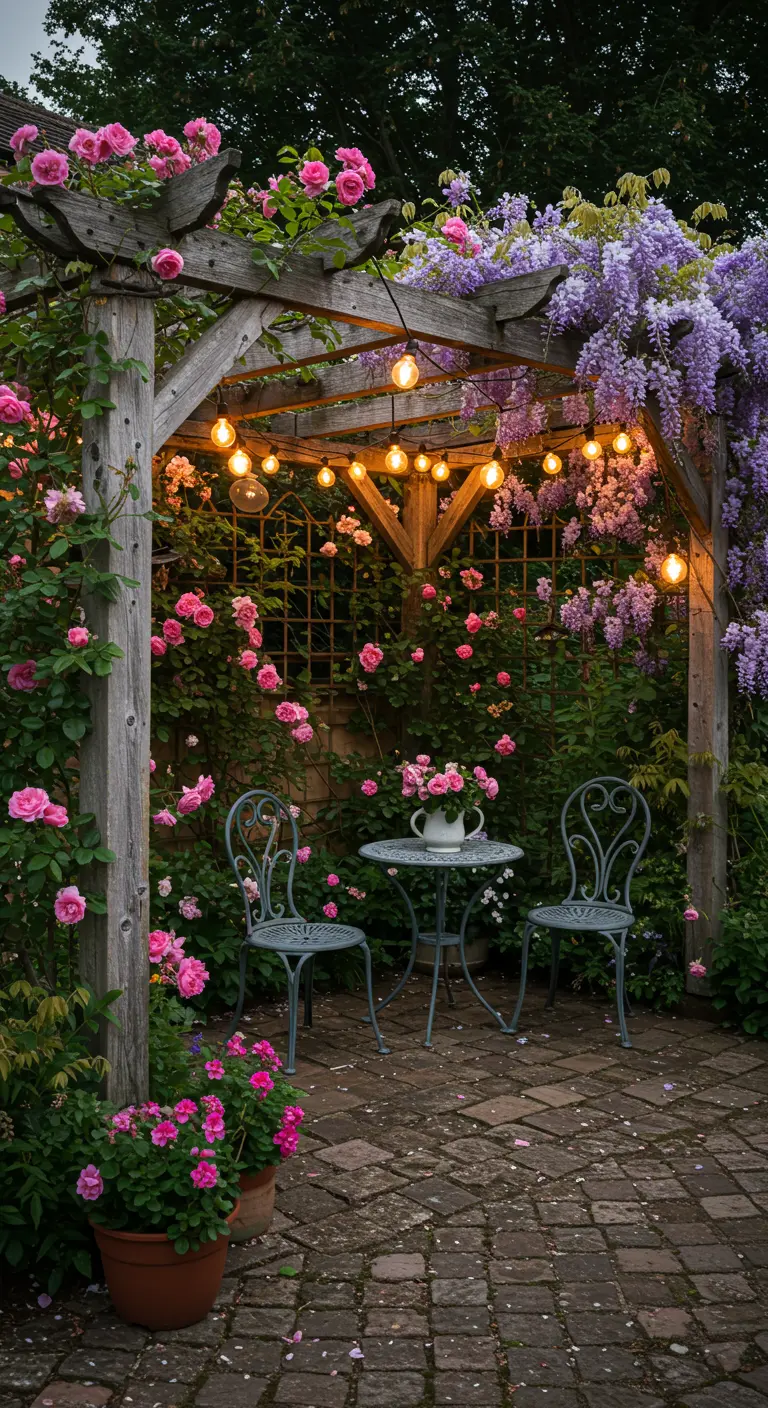 A weathered wood pergola covered in blooming pink roses and purple wisteria, with a bistro set below.