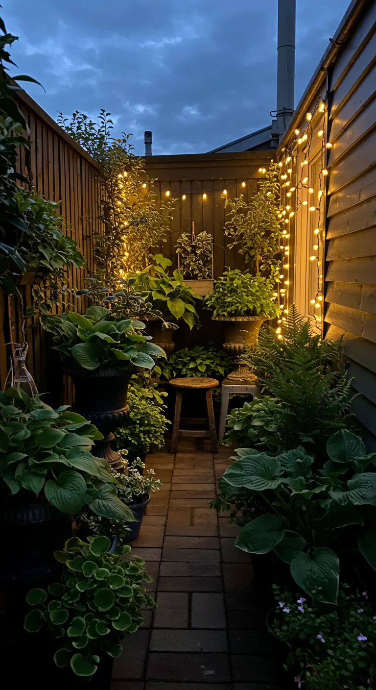 A narrow, shaded walkway filled with lush hostas and ferns in dark urns, lit by string lights.