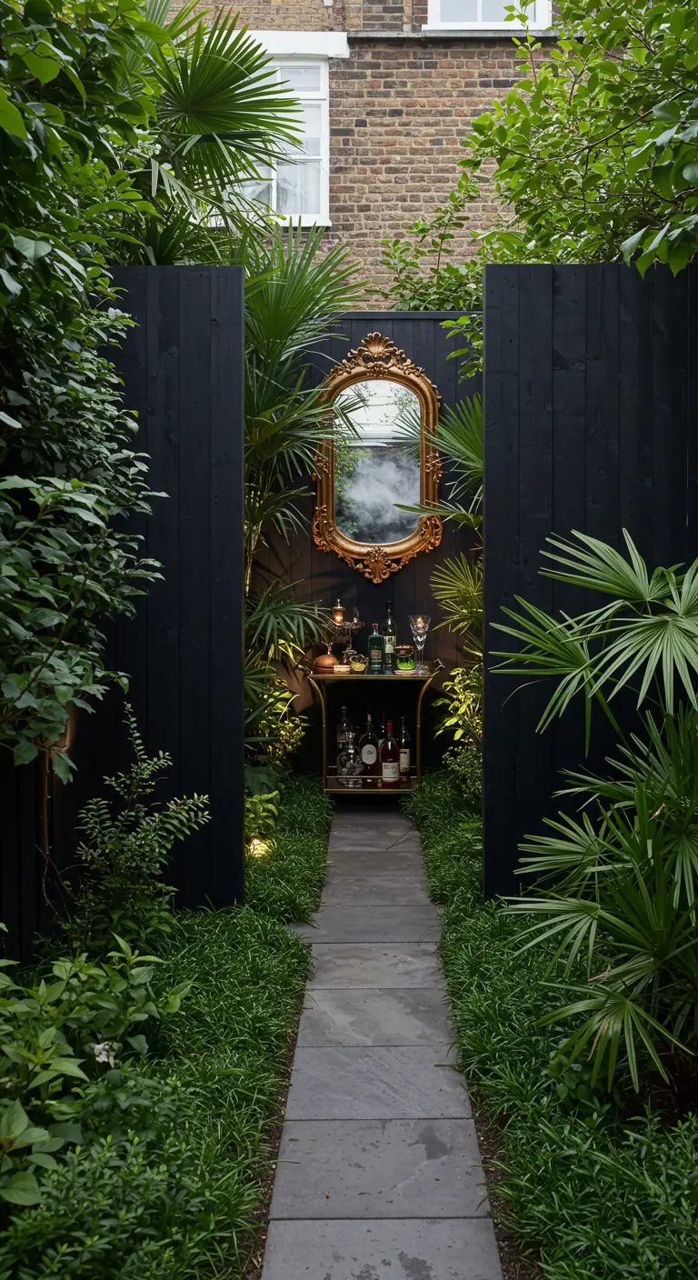 A garden path leading to a bar cart nook with a gold ornate mirror against a black fence.