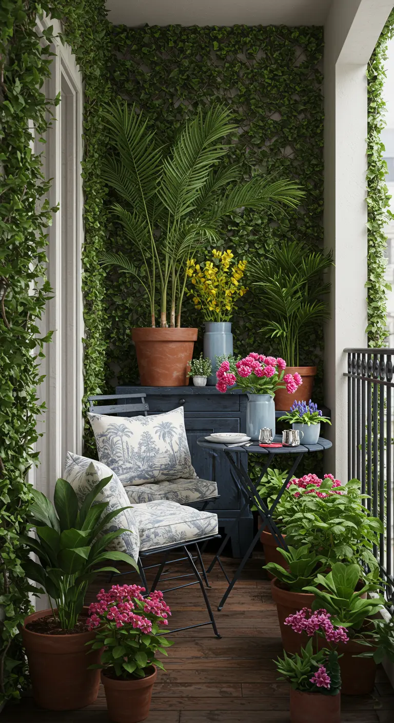 A charming balcony with a faux ivy wall, blue bistro set, and toile cushions.