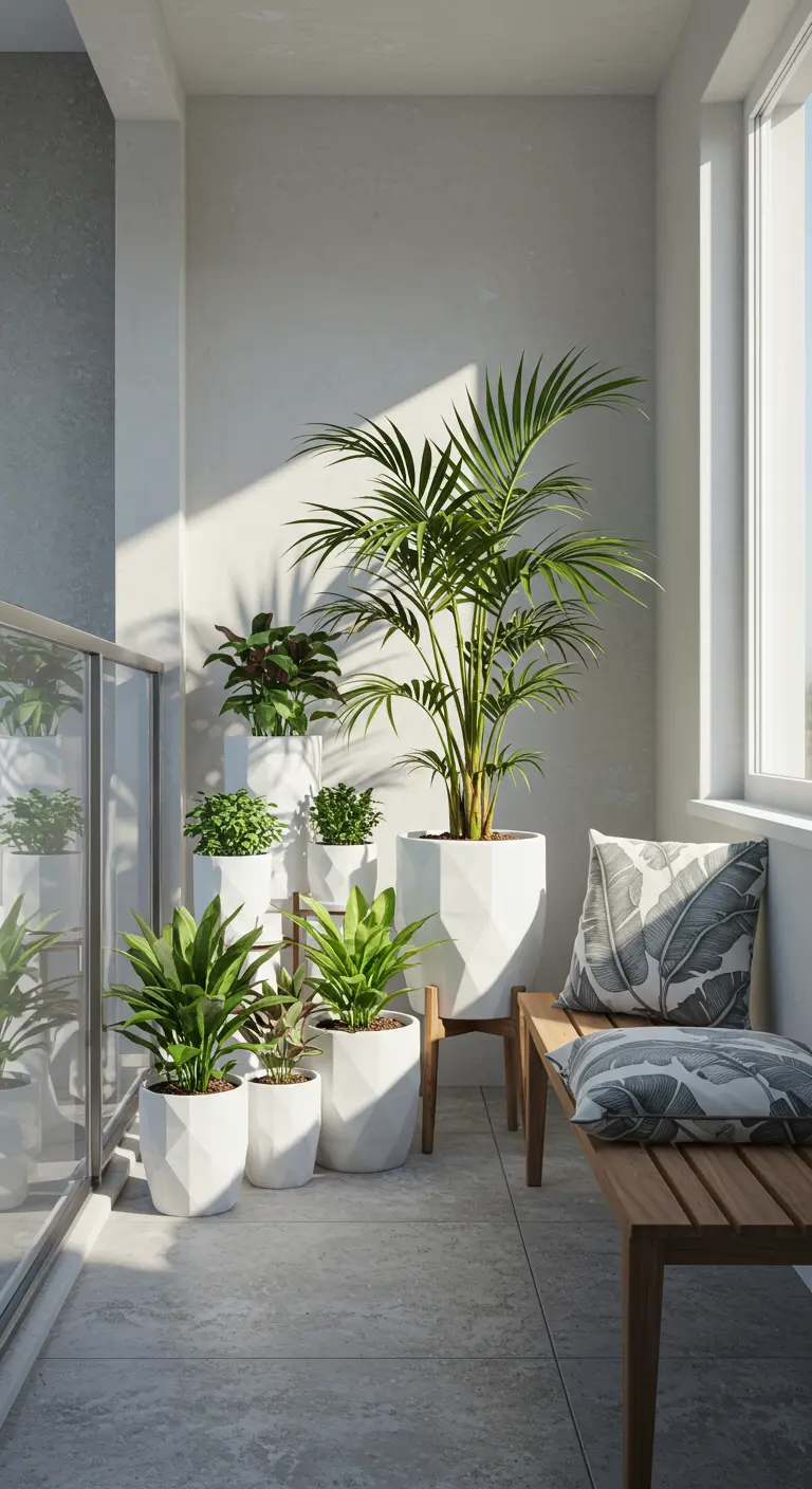 Bright, minimalist balcony with white geometric planters and a simple wooden bench.