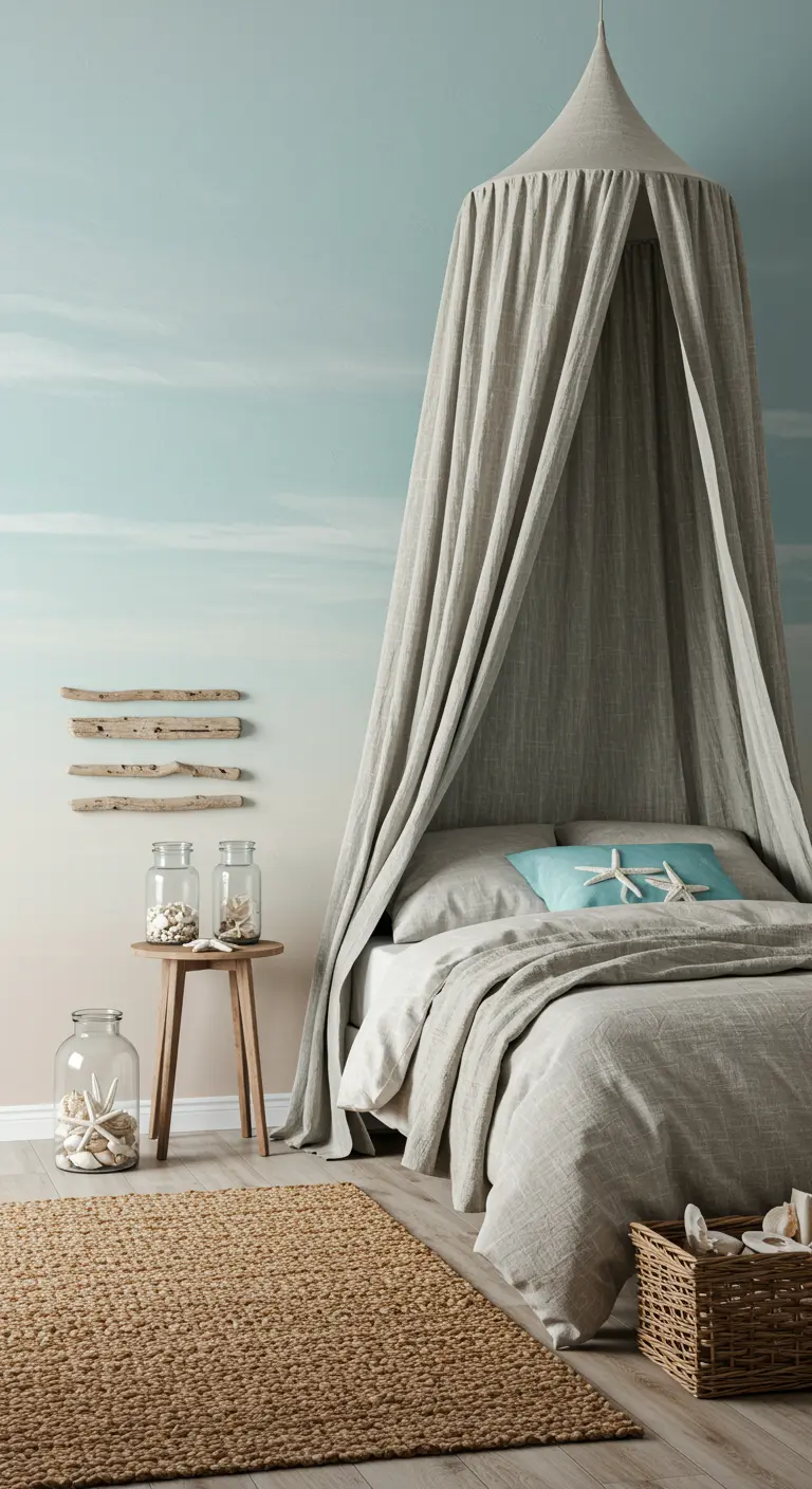 Coastal bedroom with a sand-and-sky ombre wall, linen canopy, and driftwood decor.