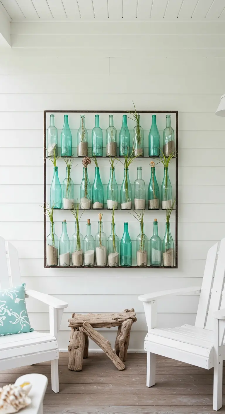 A wall-mounted bottle rack with sand and grasses inside, creating a coastal look.