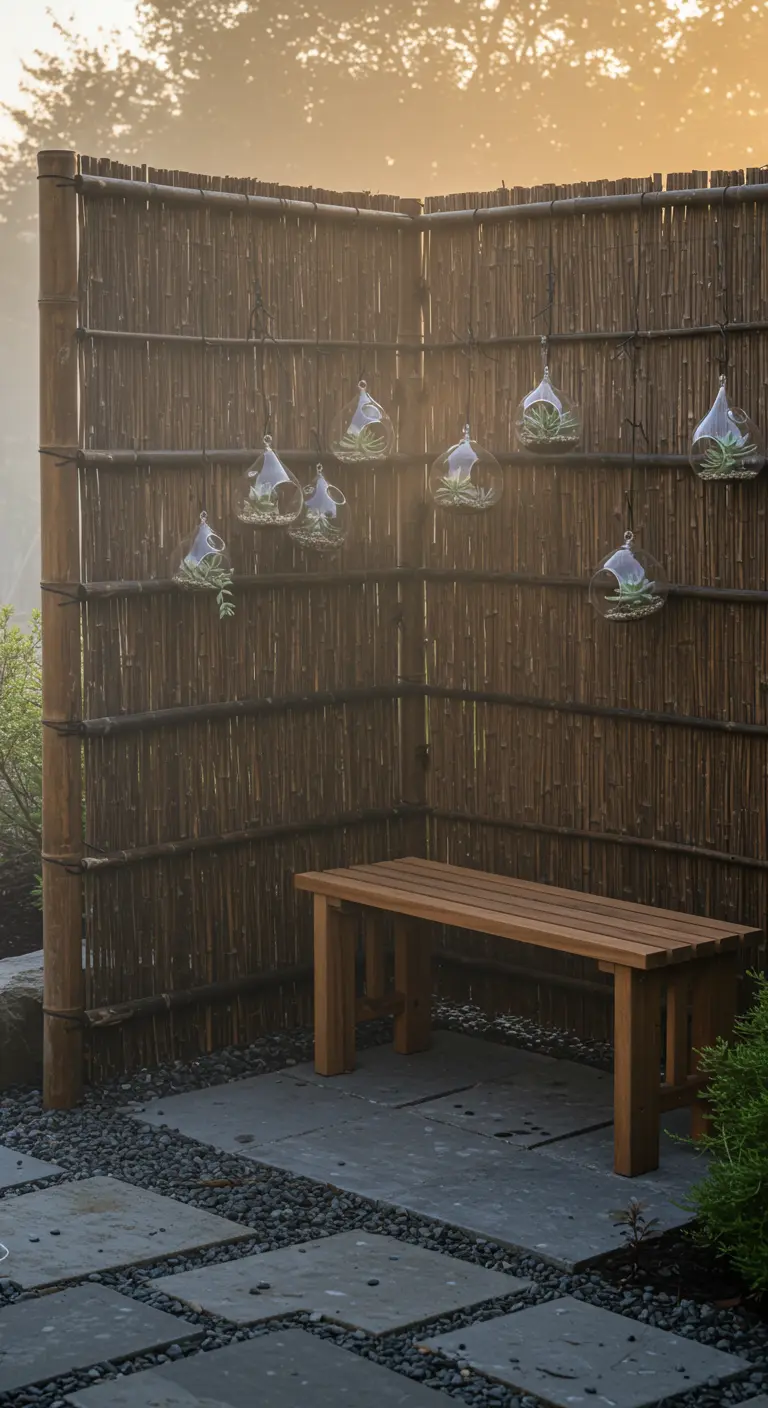 A dark bamboo privacy screen in a corner with a wooden bench and hanging succulent globes.
