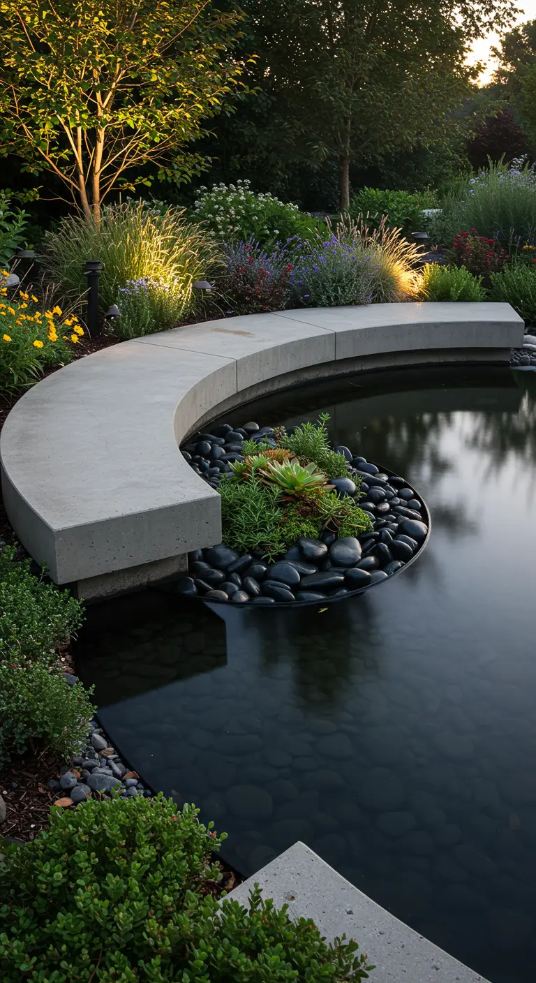 A curved concrete bench at the edge of a pond, with a round succulent planter in the water.