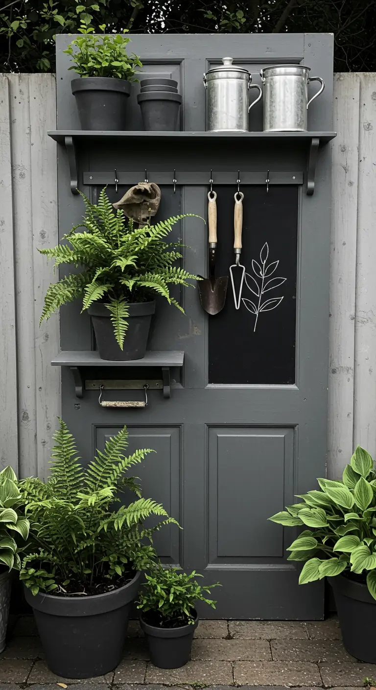 A sophisticated grey door potting station adorned with lush ferns and hostas in matching grey pots.