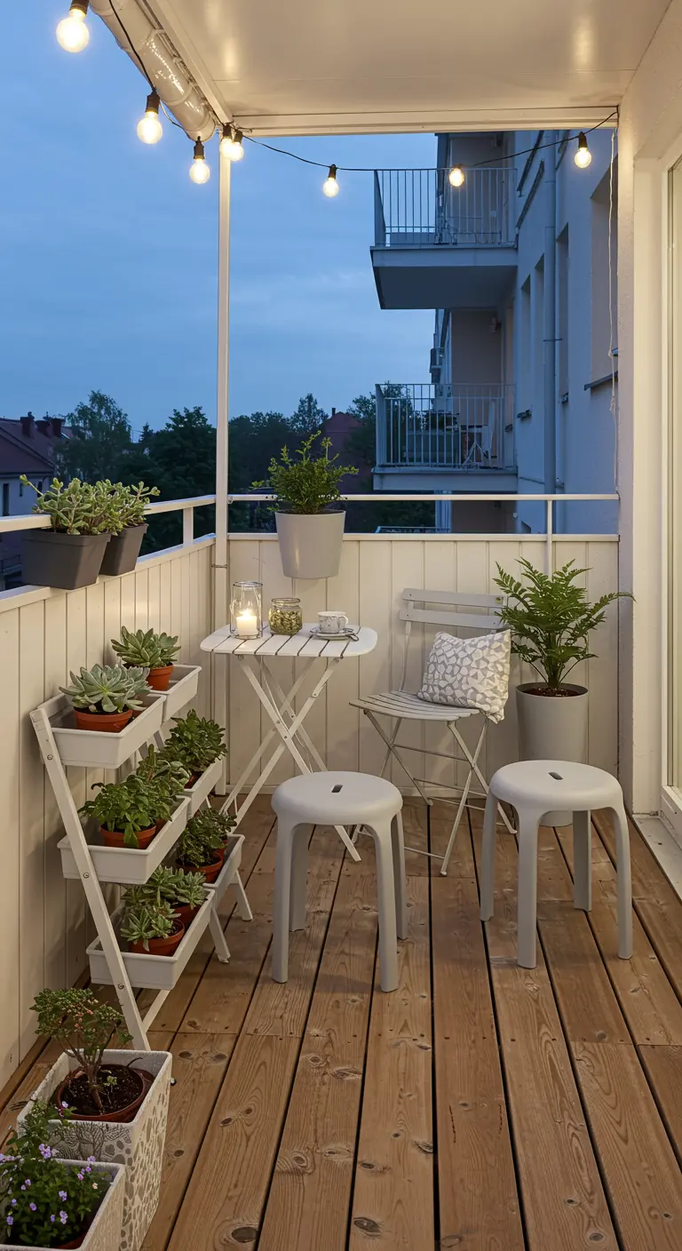 A cozy balcony at dusk with a white folding planter stand for succulents and string lights.