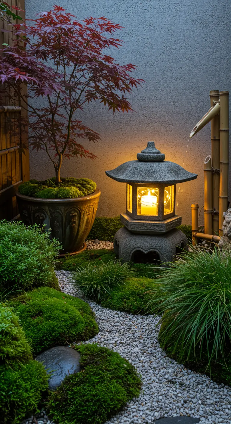 A Japanese-inspired garden nook with a stone lantern, Japanese maple, moss, and gravel.