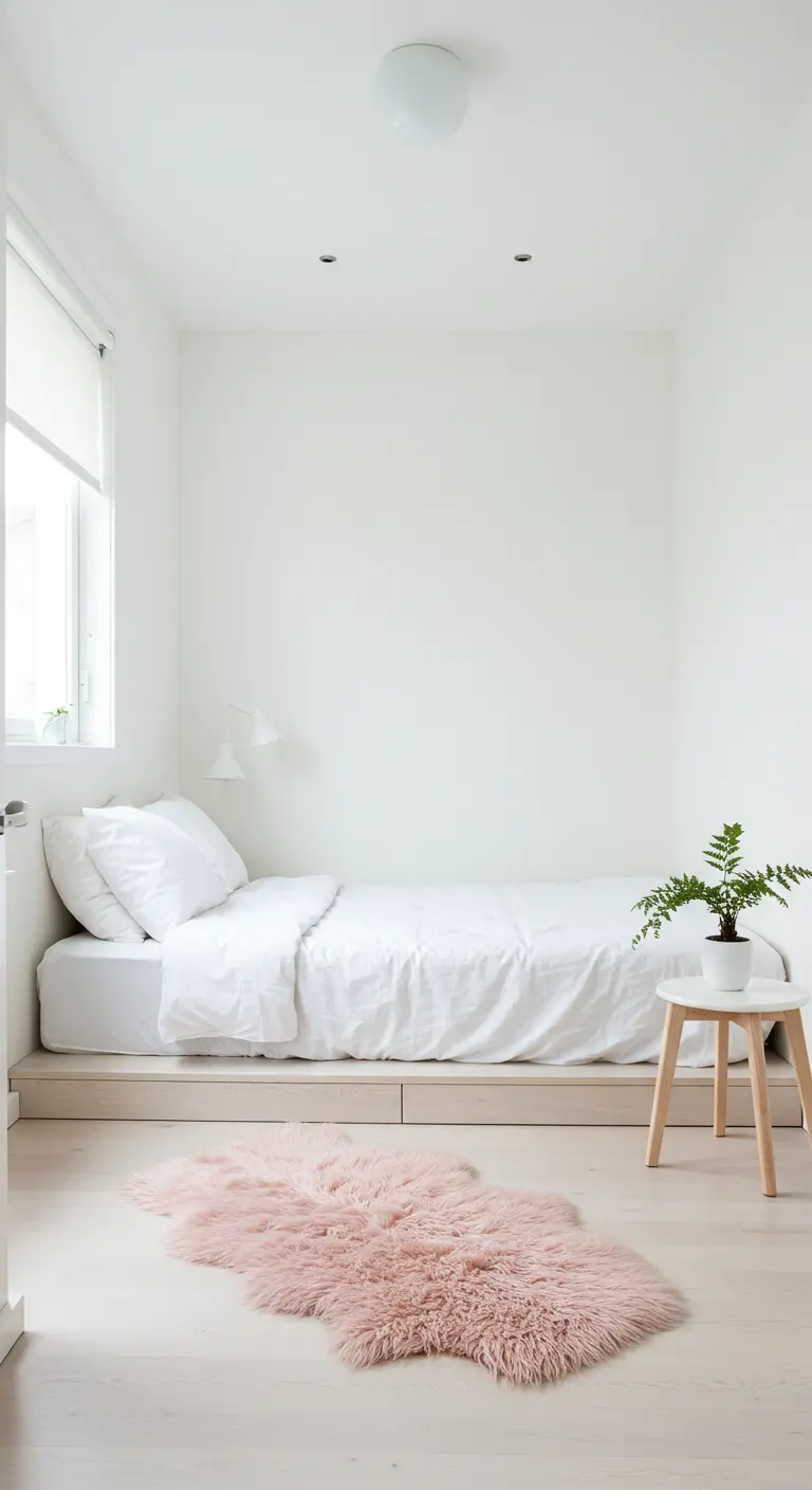All-white minimalist bed nook with a small pink faux sheepskin rug.