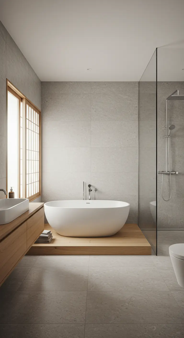 Minimalist bathroom with a freestanding tub on a wood platform and a large gridded window.