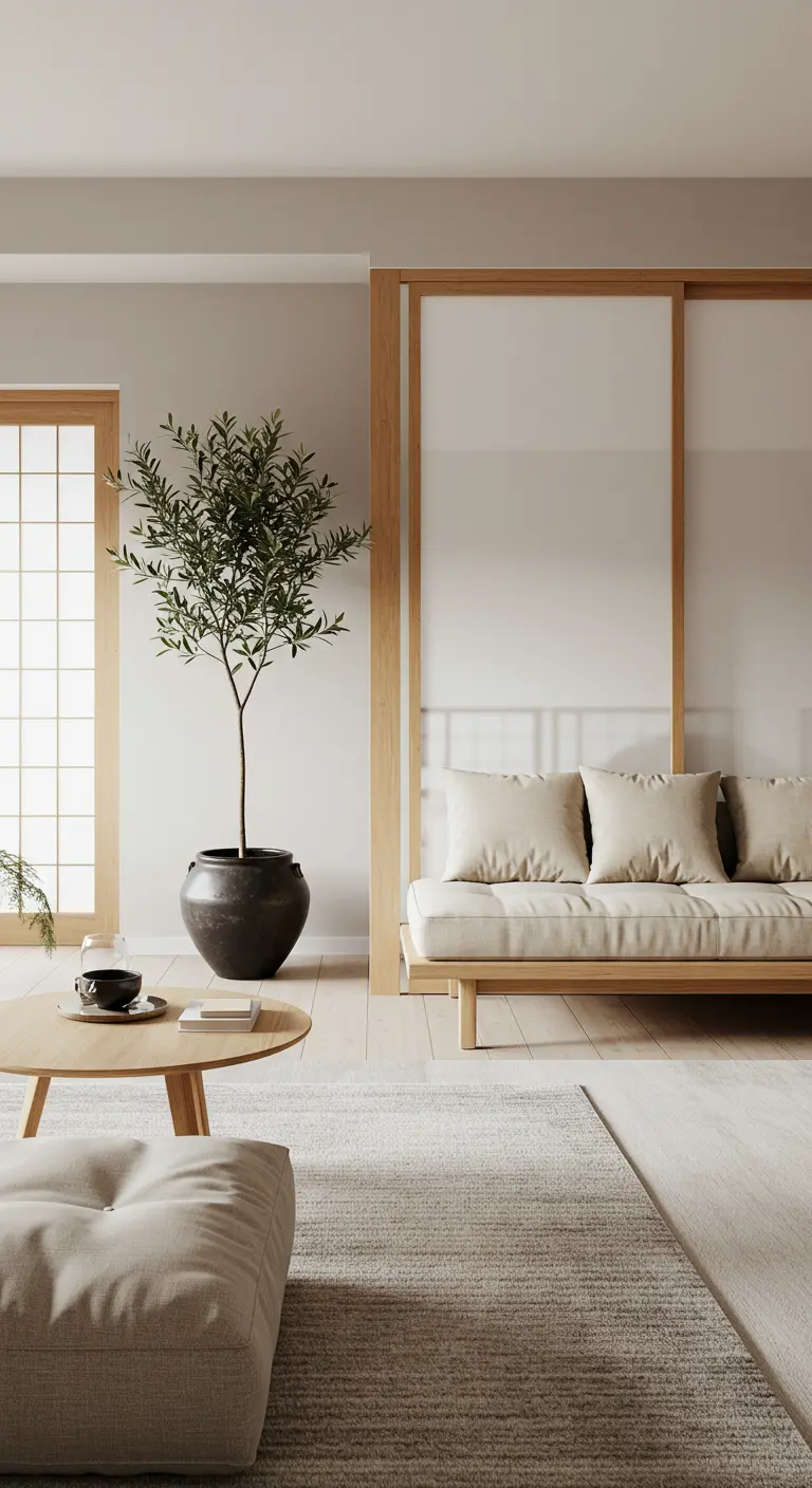 Minimalist living room with Japanese-style shoji screens, neutral sofa, and an olive tree.