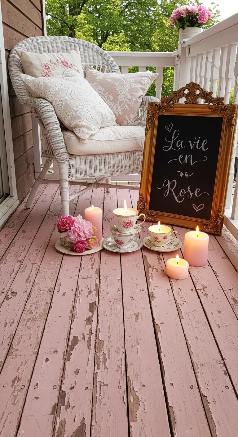 A shabby chic balcony with a pink floor, a white wicker chair, and a gold-framed chalkboard saying 'La vie en rose'.