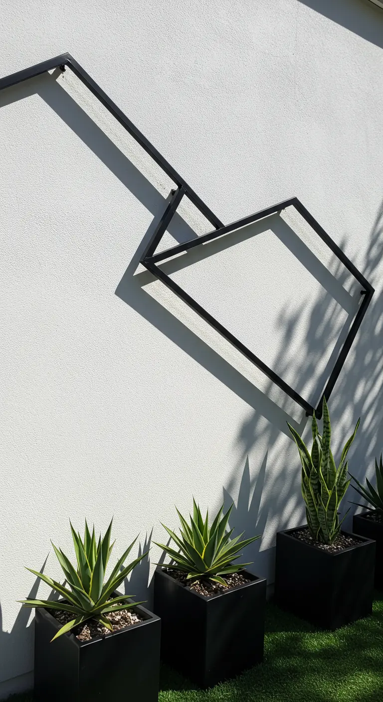 A stark white wall with a black abstract geometric sculpture casting a sharp shadow.
