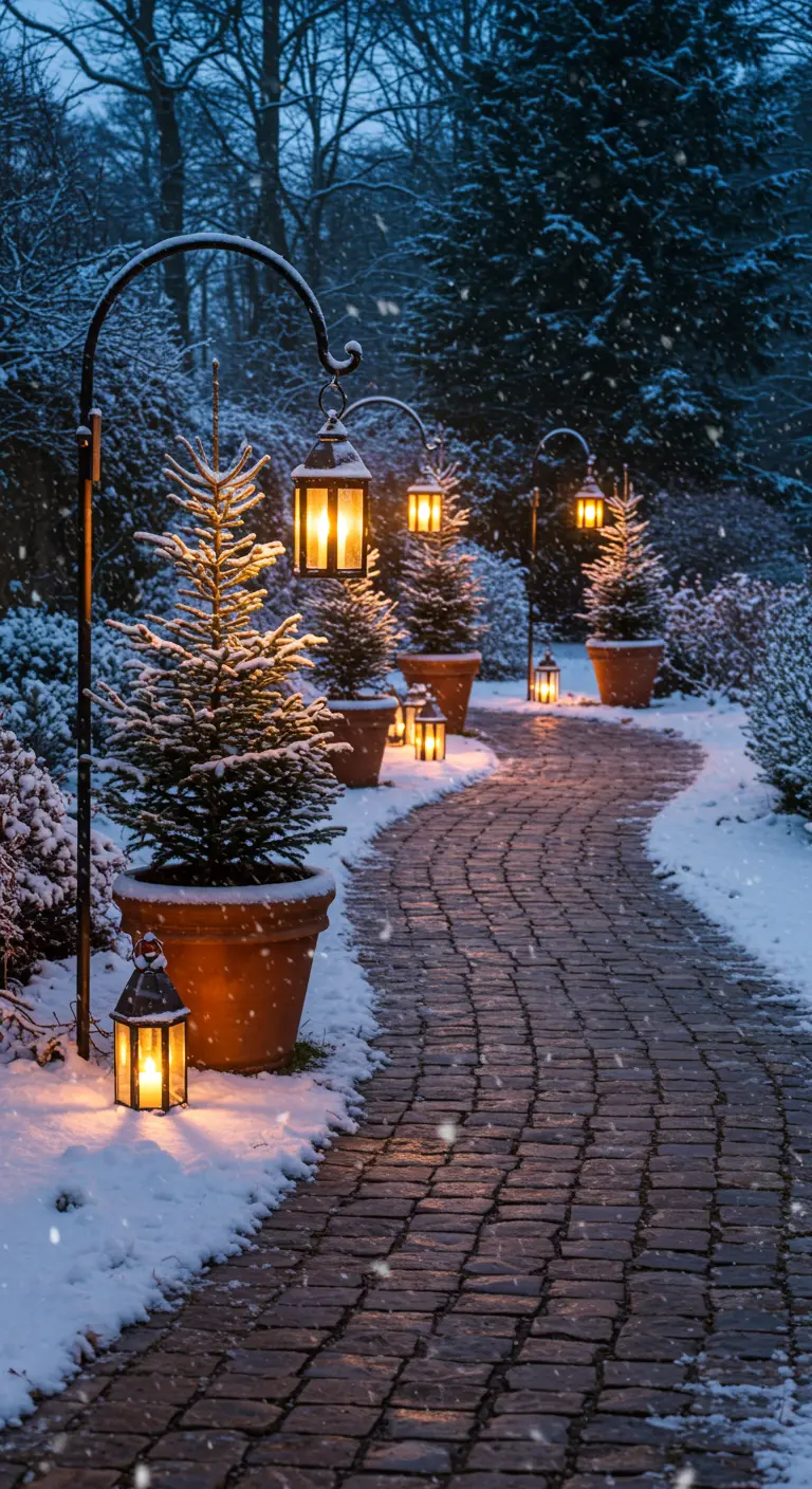 A snow-dusted cobblestone path lined with potted firs and lanterns on shepherd's hooks.