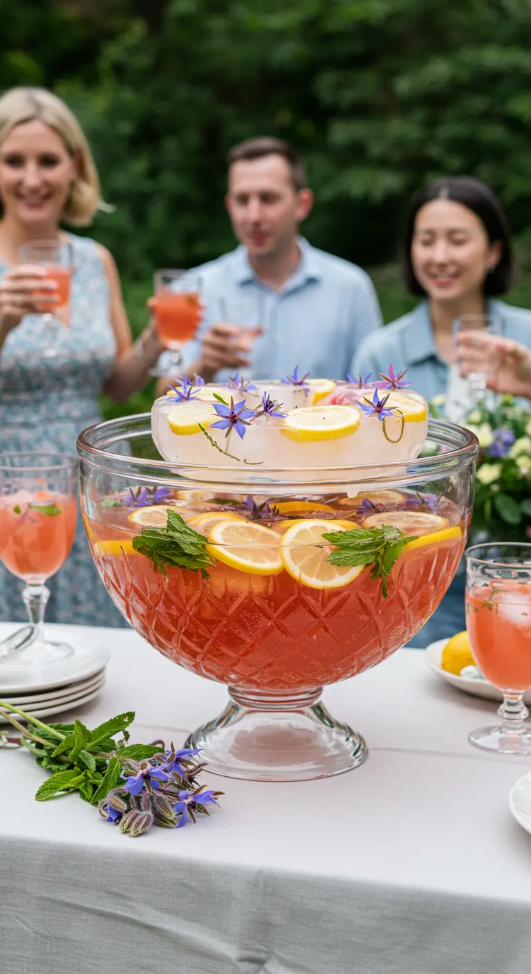 A large glass punch bowl with a decorative floral and lemon ice ring floating on top.