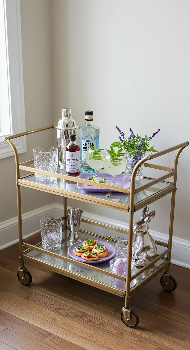 A gold bar cart styled with gin, mint, and lavender for Easter cocktails.
