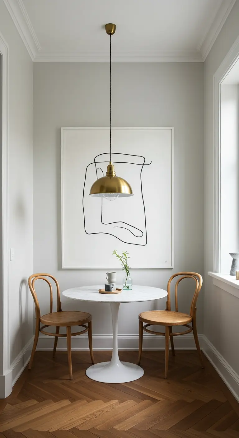 A small dining nook with a large framed canvas of a simple black line drawing.